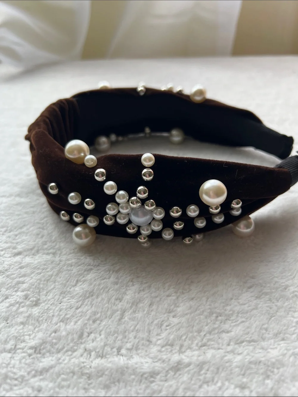 Natasha Couture Brown Velvet Pearl Rhinestone Knotted Headband Embellished